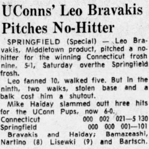 1962 UConns Leo Bravakis Pitches No Hitter