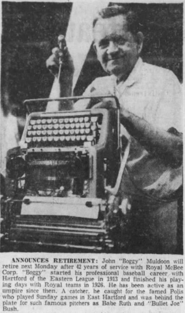 Umpire Boggy Muldoon retires from Royal Typewriter Co. after 42 years, 1958.